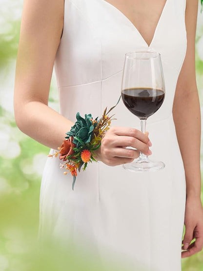 Serwalin Teal Orange Wrist Corsage and Boutonniere Set 2pcs, 6-7inch Boutonniere for Men, Corsage Wristlet Wristband Prom Flower Wedding Flowers Accessories Prom Suit Decorations