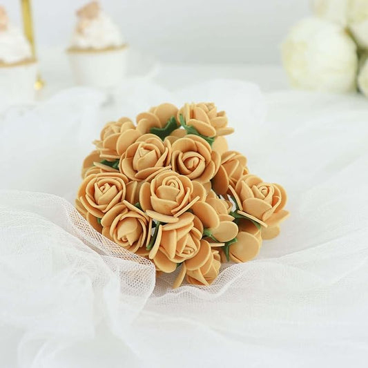 Efavormart 48 Roses | 4" Tall Gold Real Touch Artificial DIY Foam Rose Flowers with Stem, Craft Rose Buds