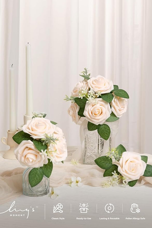 Ling's moment Artificial Flowers 50Pcs Cream Roses Decor w/Stems,3" Real Touch DIY Foam Floral for Wedding Bouquet/Centerpieces, Outdoors Party Backdrop, Room/Table, and Garden/Pot Decorations(2023)