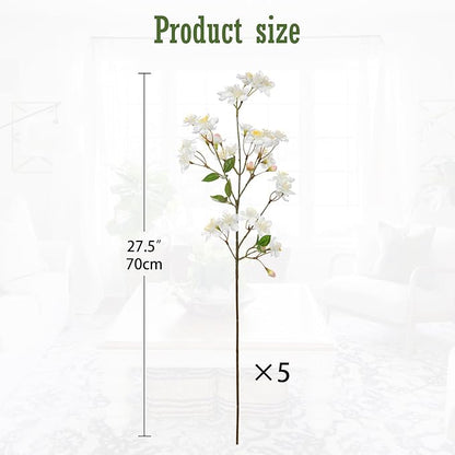 DILATATA Artificial Cherry Blossom Flowers 5 Pcs Silk Cherry Blossom Stems 27.5 Inch Long Stems Faux Silk Peach Flowers for Tall Vase Spring Decor Wedding Party Home Table Arrangement - White