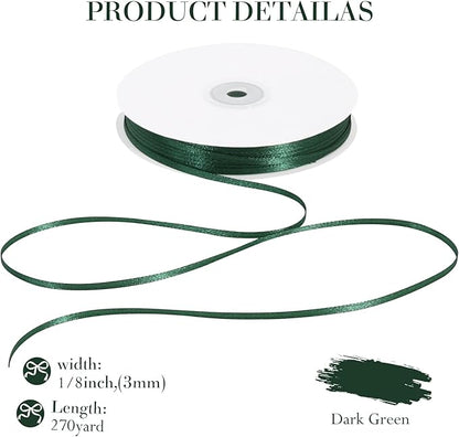 TONIFUL 1/8 Inch x 200 Yards Dark Green Thin Solid Satin Ribbon Giant Spool Double Face Ribbons for Crafts Hanging Tags Invitation Card Balloons Bouquet Hair Gift Wrapping Party Decoration