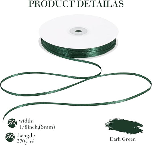 TONIFUL 1/8 Inch x 200 Yards Dark Green Thin Solid Satin Ribbon Giant Spool Double Face Ribbons for Crafts Hanging Tags Invitation Card Balloons Bouquet Hair Gift Wrapping Party Decoration