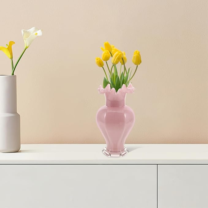 Pearlescent Pink Glass Decorative Vase with Artistic Curved Rim Handblown Artistic Planter for Flower Bouquets Unique Home Accent for Living Dining Table Office and Wedding Decor