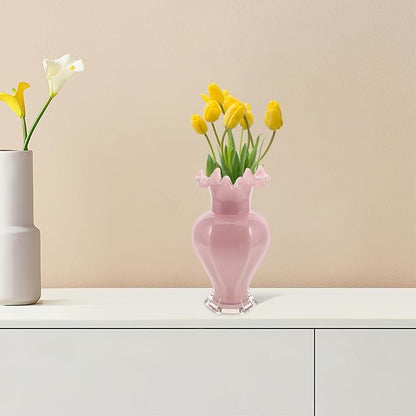 Pearlescent Pink Glass Decorative Vase with Artistic Curved Rim Handblown Artistic Planter for Flower Bouquets Unique Home Accent for Living Dining Table Office and Wedding Decor