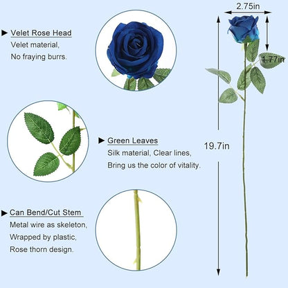 12Pcs Blue Roses Artificial Flowers Fake Roses Faux Velvet Silk Flower for Home Wedding Decoration (Pearl Rose, Blue)
