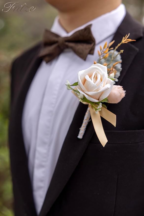 Fnize Champagne Boutonniere for Men, 6 Pcs Groom Groomsmen Boutonnieres, Artificial Flowers for Wedding Prom Homecoming