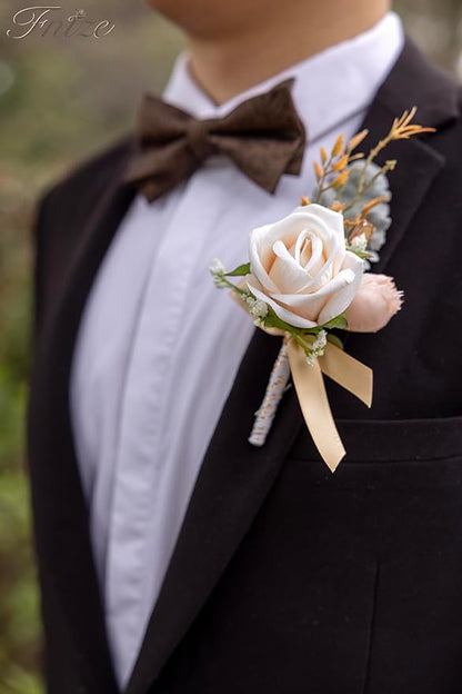 Fnize Champagne Boutonniere for Men, 6 Pcs Groom Groomsmen Boutonnieres, Artificial Flowers for Wedding Prom Homecoming