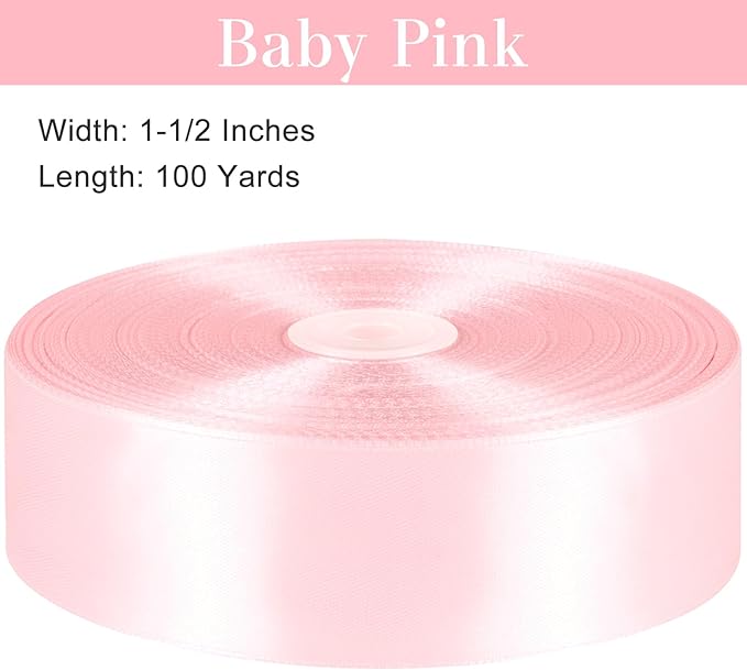 1-1/2 Inches 100 Yards Baby Pink Satin Ribbon, Ribbon Roll for Flower Bouquets, Gift Wrapping, Wedding, Handmade Crafts
