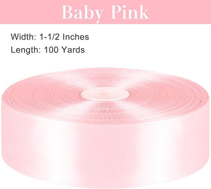 1-1/2 Inches 100 Yards Baby Pink Satin Ribbon, Ribbon Roll for Flower Bouquets, Gift Wrapping, Wedding, Handmade Crafts