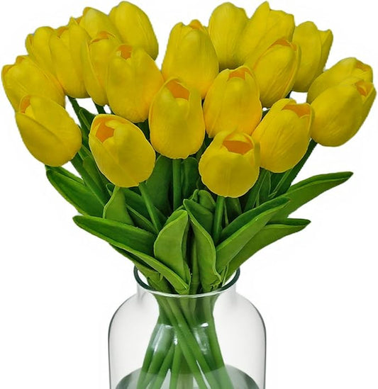 20pcs Fake Tulips PU Yellow Tulips Artificial Flowers Faux Flowers 13.5 Inch Mother's Day Easter Valentine’S Day Gifts in Home Kitchen Spring Decorations For Home (Yellow)