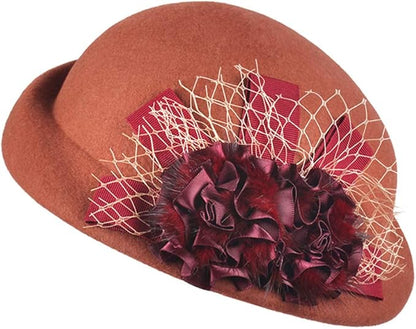 ORIDOOR Women Vintage 100% Wool Felt Flowers Bucket Cloche Bowler Hat Church Wedding Beret Hat