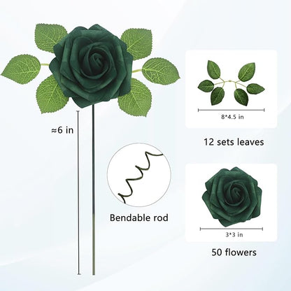 50Pcs Peacock Green Artificial Flowers Realistic Roses, Real Looking Fake Roses with Stem for DIY Wedding Bouquets Centerpieces Bridal Shower Party Home Romantic Decorations (Peacock Green, 50pcs)