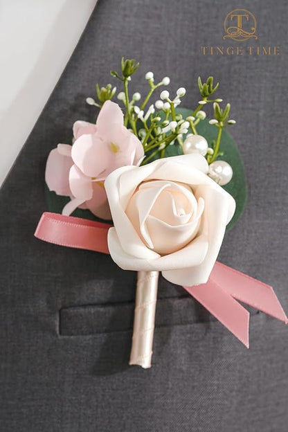 TINGE TIME Boutonniere for Men Wedding,Groom and Best Man Boutonniere for Wedding Ceremony Anniversary, Formal Dinner Party and Rustic Spring Wedding Marriage (10, Champange&Pink)