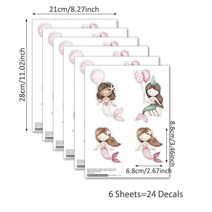 YouRfocus Mermaid Wall Decals | 24 PCS Boho Mermaid Stickers for Girls' Rooms, Playrooms, and Nurseries | Dual Layer Print for High Coverage | Removable Peel and Stick Wall Decor (Pink) | 6 Sheets