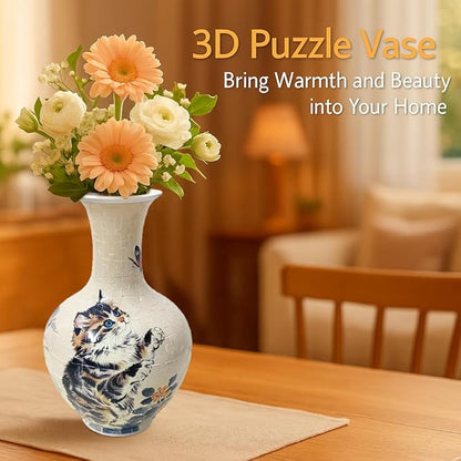 3D Puzzle Vase, 160 Curved Pieces DIY Flower Vase Craft Kit & 3D Puzzles for Adults, Creative Jigsaw Art Project Home Décor Centerpiece, for Women, Mom (Beige Cat & Butterfly)