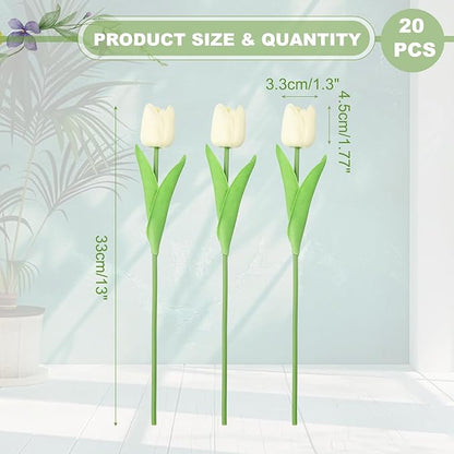 uxcell 20pcs Tulips Artificial Flowers, Faux Flowers Silk Fake Tulip Stems Real Touch for Wedding Bouquet Centerpiece Table Party Decoration(Cream White)