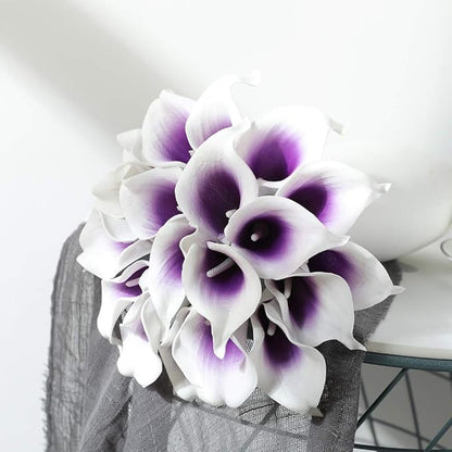 DuHouse 20Pcs Calla Lily Artificial Real Touch Latex Flowers Fake Wedding Bouquet Home Wedding Party Decor (Purple White)