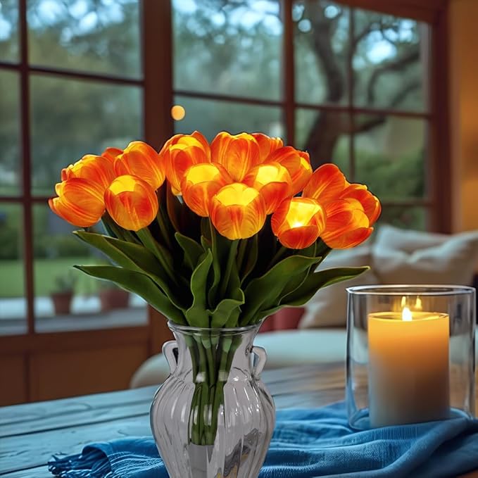 LED Lighted Artificial Tulip Lamp, Real Touch Tulip Flowers, 15 Inch Faux Tulip Bouquet with Battery Operated Lights for Gifts, Home Kitchedn Wedding Decor (Orange)