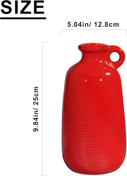Sunddo Red Ceramic Vase - 10 Inch Modern Flower Vase for Home Decor, Decorative Vase with Handle, Red Decor for Entryway, Bedroom, Office, Centerpiece Table Decorations