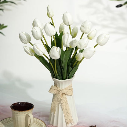 Real Touch Artificial Tulips, 20pcs Fake Tulip Flowers Stem, PU Faux Tulips 19.7” for Mother's Day, Home Decor, Wedding, Easter Valentine's Gift, Table Centerpiece, Floral Arrangements, White