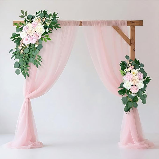 Artificial Wedding Arch Flowers (Pack of 2), White Wedding Flowers for Wedding Welcome Ceremony Sign, Faux Floral Swags, Banquet and Reception Backdrop Floral Decoration (White & Pink)