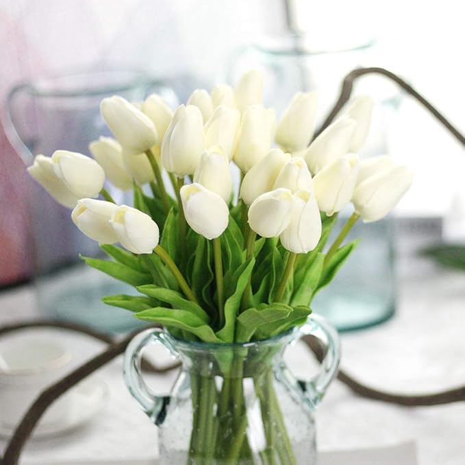 30pcs Artificial Tulips Flowers Real Touch Tulips Fake Holland PU Tulip Bouquet Latex Flower White Tulip for Wedding Party Office Home Kitchen Decoration (Milk White)