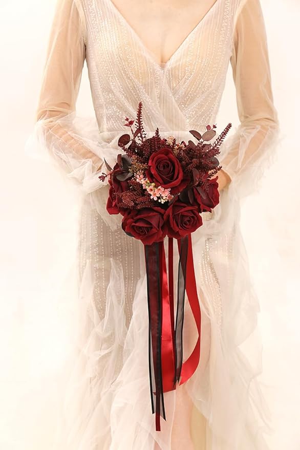 Dark Burgundy Wedding Bouquets for Bride Bridesmaids, Bridal Bouquet for Wedding Silk Artificial Flowers