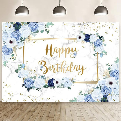 MEHOFOND 10x7ft Happy Birthday Backdrop Blue and White Flowers Bday Photography Background Girls Geometric Gold Glitter Dots Birthday Floral Party Decorations Cake Smash Decor Studio Photo Props