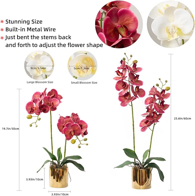 Artificial Orchid Flowers Fuchsia Faux Orchids with Ceramic Vase Vivid Fake Phalaenopsis Flower Arrangement Gorgeous Artificial Plants for Office Desk Wedding Party Exhibition Center&Home Table Decor