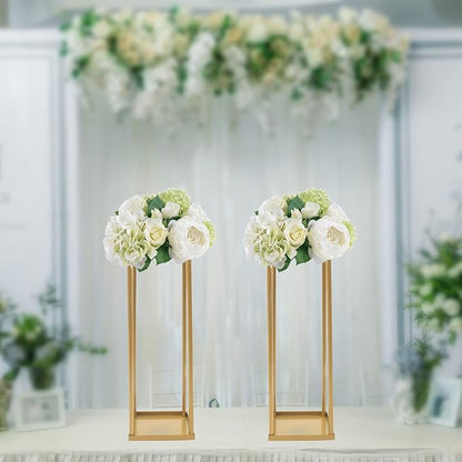 2PC 23.6" Flower Stand for Wedding Metal Cylinder Stands for Party Rectangular Gold Centerpieces Flower Vase Gold Pedestal Columns for Weddings Indoor Outdoor Flower Plant Stand Decoration