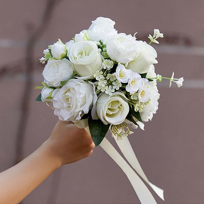 CYANLUX Wedding Bouquets for Bride Bridesmaid Bouquet Champagne White Artificial Roses Flowers for Wedding Valentine's Day Church Home Decoration… (White Rose)