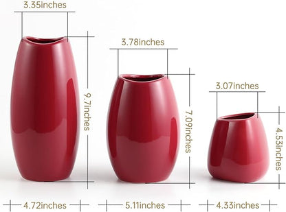 hjn Ceramic Vase Set of 3 Red Flower Vase for Home Decor, Modern Decorative Vase for Flowers Vases for Your Ideal Shelf Decor/Table/Living Room/Kitchen/Office-Red…