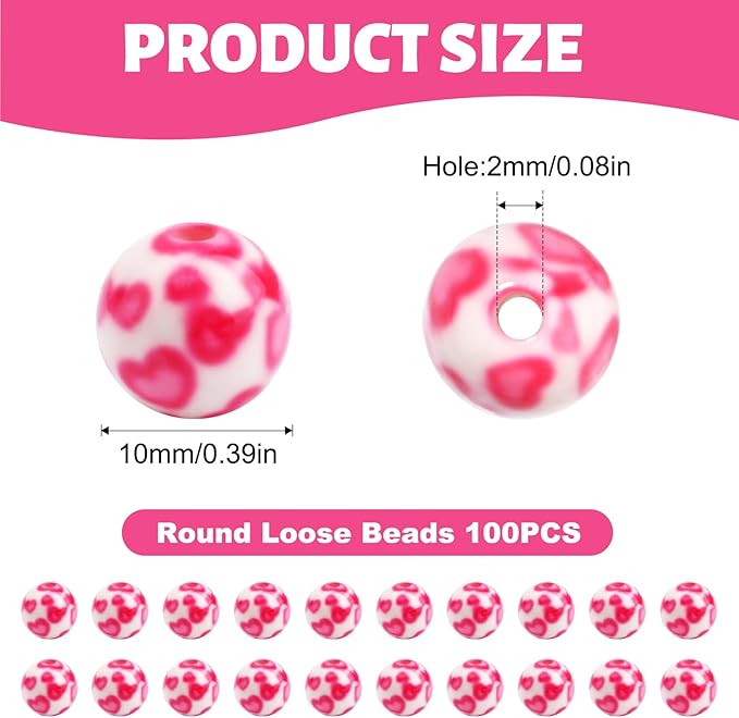 100 PCS 10mm Resin Beads Bulk for Bracelet Making Kit, Pink Round Loose Beads for Jewelry Earring Necklace Rings DIY Art Craft Projects Ornament Gifts