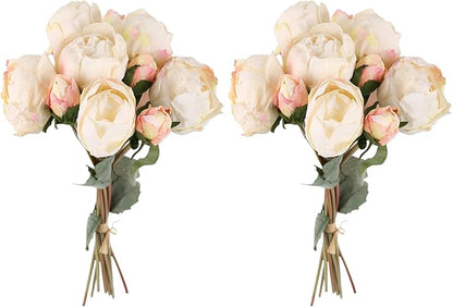2 Bouquets Peonies Artificial Flowers, Vintage Peonies 18pcs White Fake Flowers for Home Decoration Wedding Decoration Bride Bouquet Silk Peonies for Flowers Crafts Floral Arrangement (White)