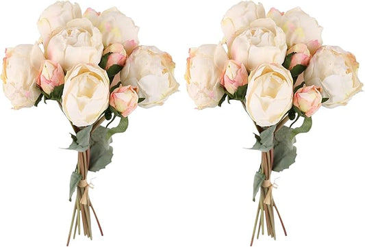 2 Bouquets Peonies Artificial Flowers, Vintage Peonies 18pcs White Fake Flowers for Home Decoration Wedding Decoration Bride Bouquet Silk Peonies for Flowers Crafts Floral Arrangement (White)