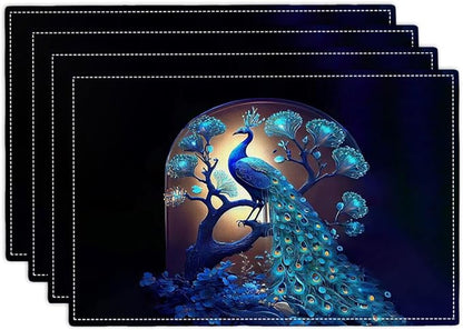 Blue Peacock Placemats Set of 4, Peacock Tree Place Mats Washable Double-Sided Table Mats for Kitchen Dining Room Home Party Indoor Decor 4 PCS 12x18 Inch