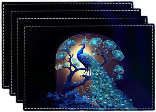Blue Peacock Placemats Set of 4, Peacock Tree Place Mats Washable Double-Sided Table Mats for Kitchen Dining Room Home Party Indoor Decor 4 PCS 12x18 Inch