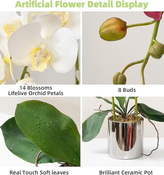 Artificial Orchid Flowers White Faux Orchids with Ceramic Vase Vivid Fake Phalaenopsis Flower Arrangement Gorgeous Artificial Plants for Office Desk Wedding Party Exhibition Center & Home Table Decor