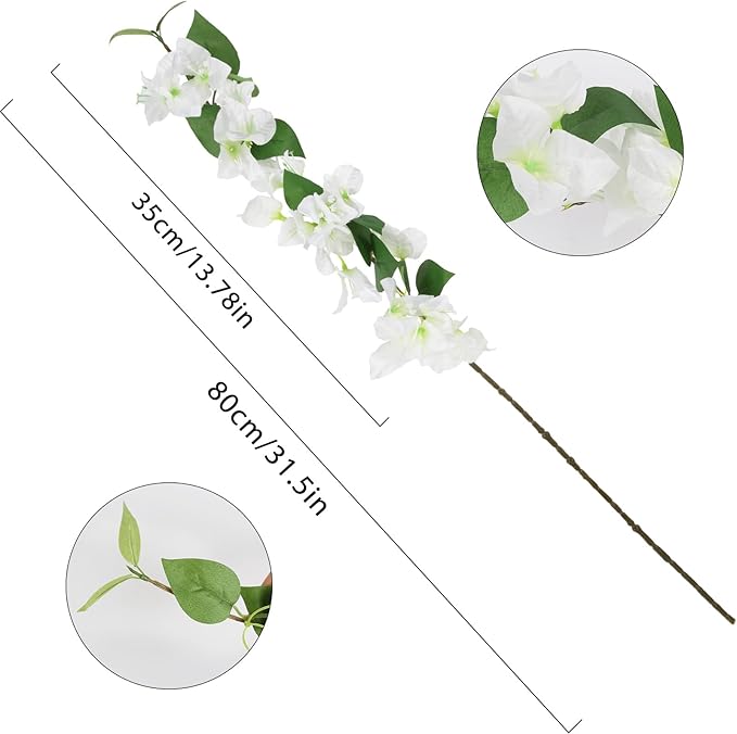 12PCS Bougainvillea Artificial Flowers 31.50" Long Stem Fake Silk Bougainvillea Branches Faux Flowers Vines for Wedding Centerpieces Baby Shower Home Garden DIY Decorations (White)