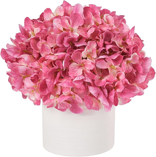 Hydrangea Fake Flowers in Vase, Artificial Flowers with Ceramic Vase Small Faux Potted Floral Arrangements for Bathroom Home Desk Kitchen Counter Vanity Shelf Coffee Table Centerpiece Decor (Hot Pink)