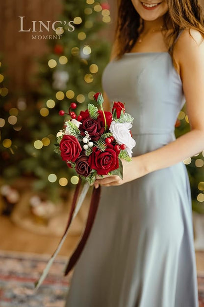 Ling's moment Red Bridesmaid Bouquet Set of 4, Red and White Christmas Wedding Bouquets for Bridesmaids, 7 Inch Bridal Bouquets for Bridesmaids, Wedding, Ceremony, Anniversary, Homecoming, etc.