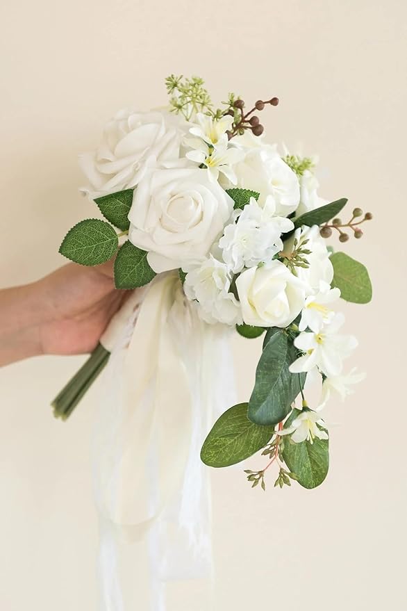 Ling's moment Artificial Flowers 25Pcs Ivory Roses Decor w/Stems,3" Real Touch DIY Foam Floral for Wedding Bouquet/Centerpieces, Outdoors Party Backdrop, Room/Table, and Garden/Pot Decorations