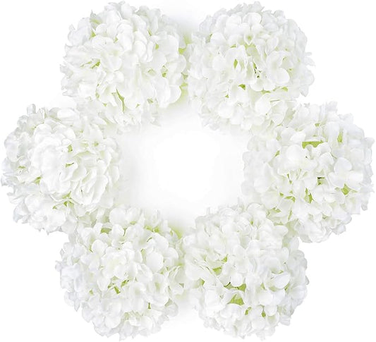 DuHouse Artificial Bigger Silk Hydrangea Flower Heads with Stem Fake White Hydrangea Flowers for Wedding Home Garden Centerpiece Pack of 6