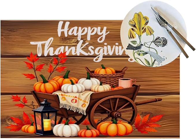 PVC Placemats Set of 1 Wipeable Table Mats Washable Heat Resistant Non Slip Vinyl Dining Table Mat for Kitchen Indoor Outdoor Patio Farmhouse Place Mats Thanksgiving Pumpkin Cart Decorative