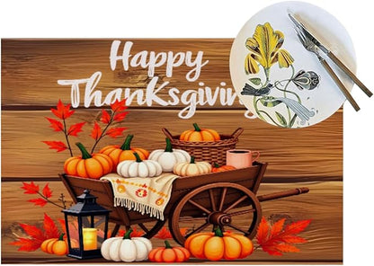 PVC Placemats Set of 1 Wipeable Table Mats Washable Heat Resistant Non Slip Vinyl Dining Table Mat for Kitchen Indoor Outdoor Patio Farmhouse Place Mats Thanksgiving Pumpkin Cart Decorative