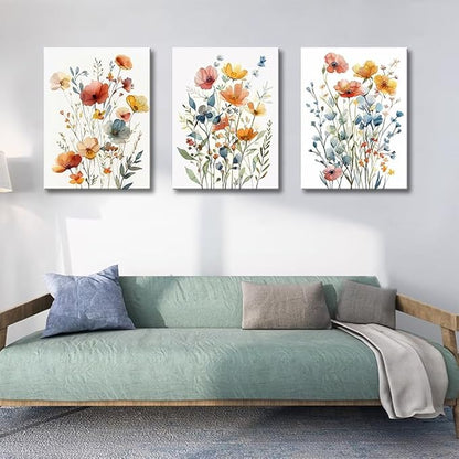 Watercolor Flower Wall Art for Living Room Flower Pictures Wall Decor Orange Floral Canvas Art Colorful Wildflower Poster Prints for Bedroom Bathroom Home Decor 12"x16"x3pcs