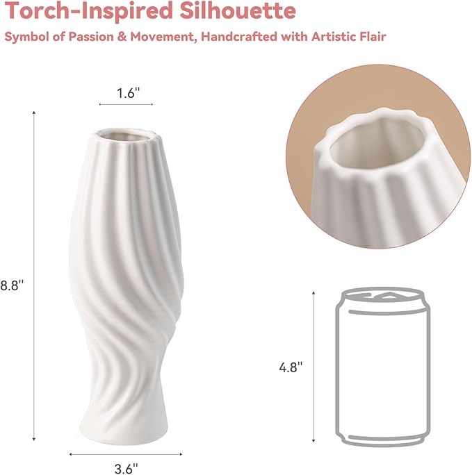 White Ceramic Torch Vase with Spiral Design - 8.8" Unique Flower Vase for Pampas Grass & Centerpieces, Decorative Boho/Farmhouse Vase for Living Room, Office Desk & Gift for Her/Yourself