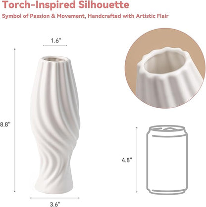 White Ceramic Torch Vase with Spiral Design - 8.8" Unique Flower Vase for Pampas Grass & Centerpieces, Decorative Boho/Farmhouse Vase for Living Room, Office Desk & Gift for Her/Yourself
