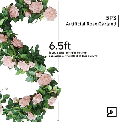ZIFTY 5Pcs 32.5FT Pink Flower Garland Fake Rose Vines for Tea Party Mother's Day Decorations Faux Artificial Floral Garland Hanging Rose Ivy for Baby Shower Wedding Arch Ceremony Outdoor Wall Decor