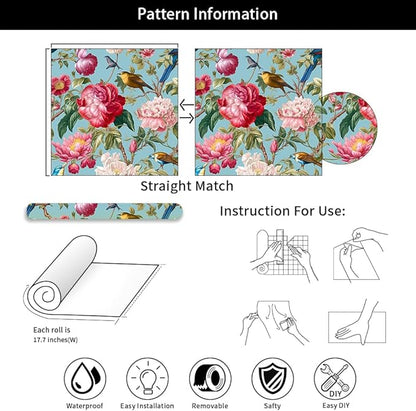 Vintage Pink Blue Peony Floral Birds Peel and Stick Wallpaper Easy Peel Off Contact Paper Stick on Adhesive Wall Paper for Bathroom Waterproof Renter Friendly